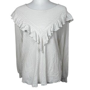 J. Crew White Honeycomb Ruffle Textured Long Sleeve Blouse Top Large